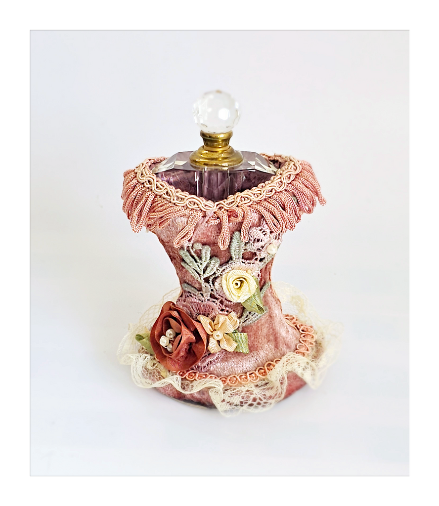 Rare Vintage Victorian Ladies Costume Decorated with Lace and Flowers Perfume Bottle Holder and Crystal Perfume Bottle