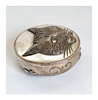 Rare Vintage Pewter Pill Box / Trinket Box Embossed with Cat Face on the Lid and Running Mice on the Outside Rim