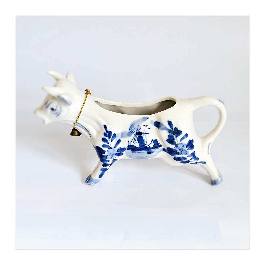 Vintage 1960's Dutch Delft Blue Hand Painted Ceramic Cow Creamer with Cow Bell