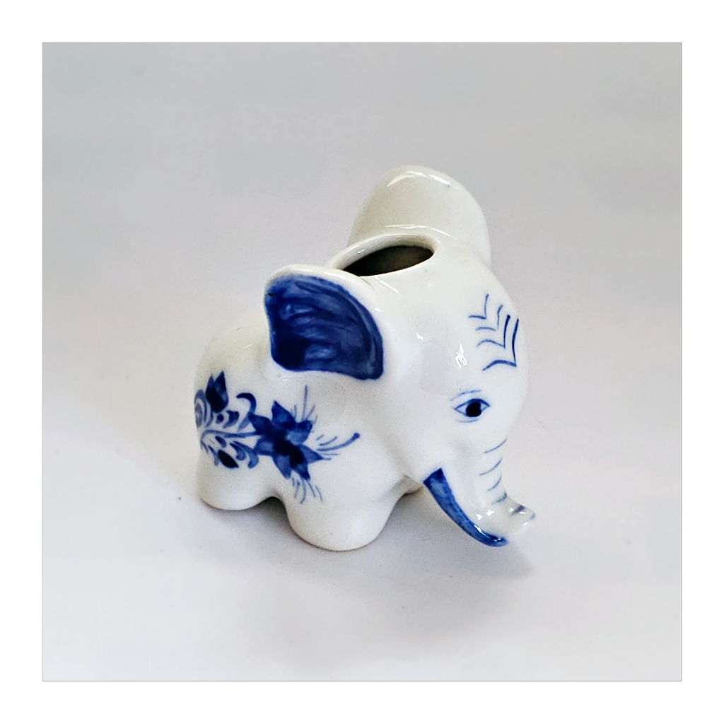 Vintage Dutch Delft Blue Hand Painted Ceramic Baby Elephant Figurine