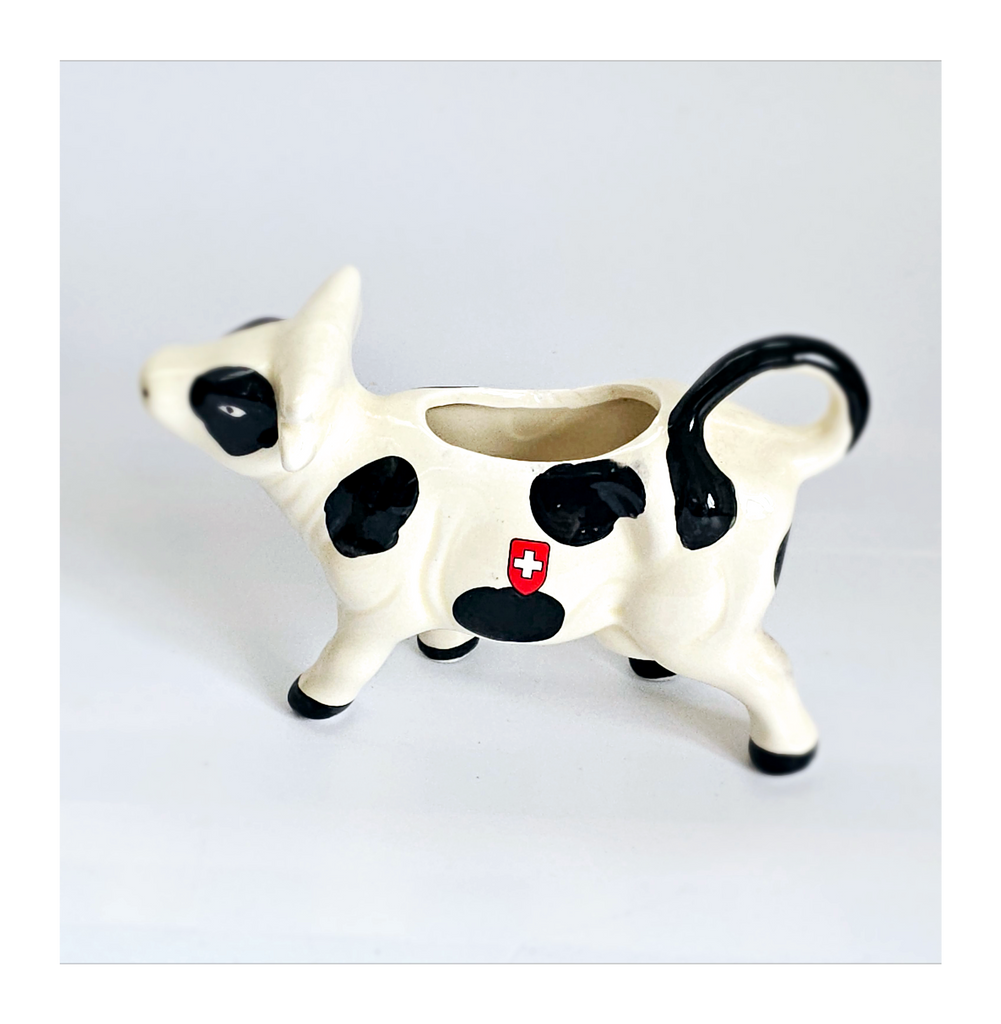 Rare Vintage Glazed Ceramic Cow Creamer in Polka Dot Pattern from Switzerland
