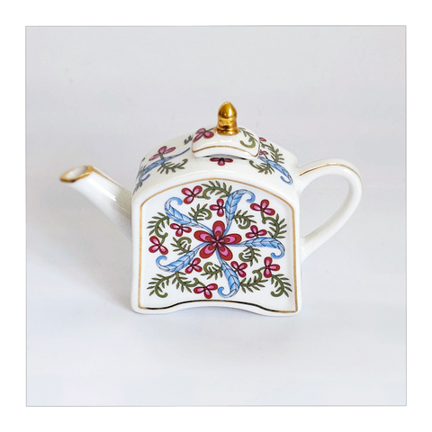 Vintage 1960's Special Edition PA Porcelain Art Miniature Teapot, Cube Shaped Floral Design