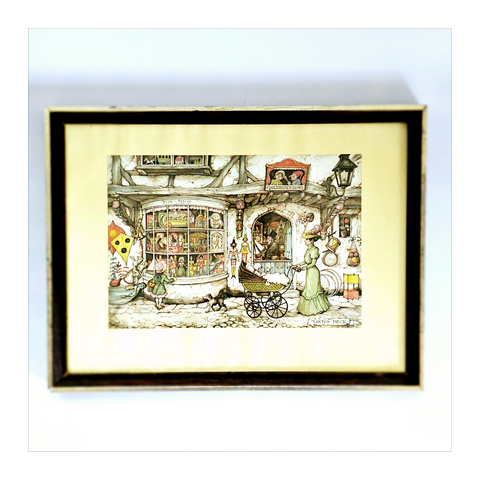 Vintage 1970's "The Toy Shop" by Anton Pieck, Wood Framed Reproduction Printed in Holland