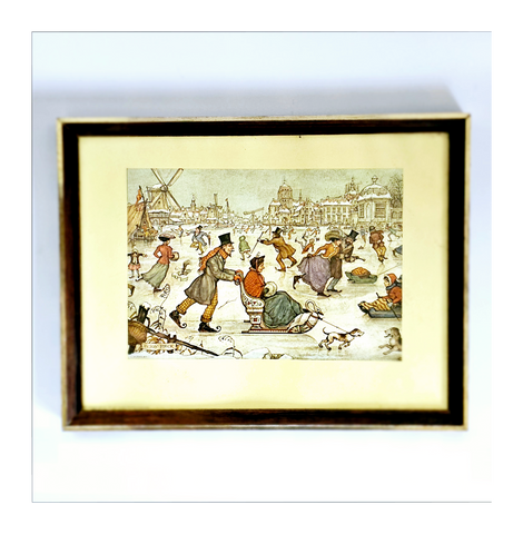 Rare Vintage 1970's "Ice Rink" by Anton Pieck, Wood Framed Reproduction Printed in Holland