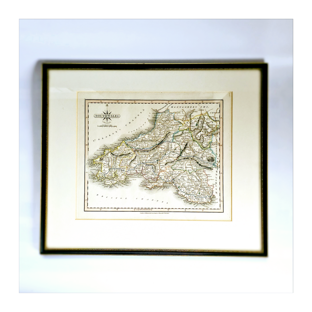 Genuine Antique Map "Cary's Traveller's Companion (1790) Map of SOUTHWALES" Engraving by John Cary (1754-1835), Original Hand Colouring