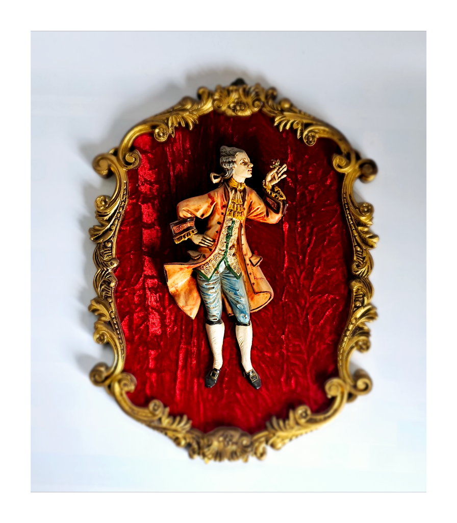 Vintage Italian Baroque Fontanini Depose, Victorian Red Velvet-Resin Gentleman 3D Wall Art, Art 56 Modello Depositato