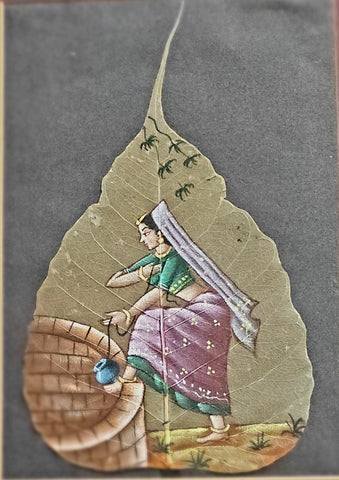Vintage 1970's Indian Hand Painted Dried Banana Leaf Painting of a Woman Lowering a Water Pitcher into a Well