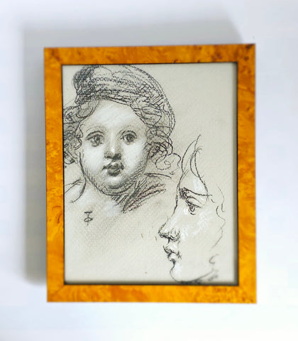 Vintage Original Portrait Charcoal Drawing on a Sketch Paper Signed by the Artist