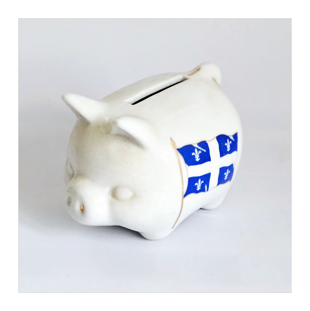 White Ceramic Piggy Bank / Coin Bank Imprinted with Flag of Quebec