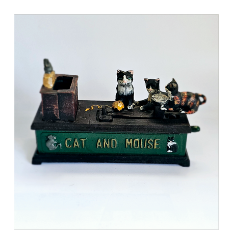 Vintage Mechanical Cast Iron Cat and Mouse Piggy Bank / Coin Bank