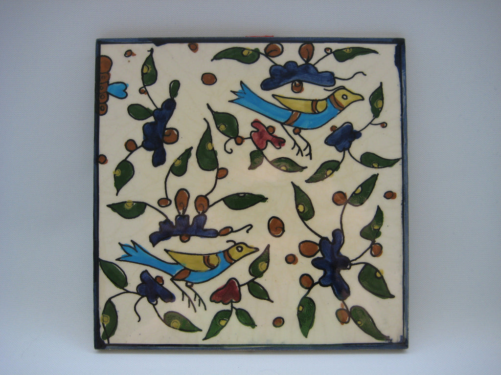 Hand Painted Ceramic Art Tile with Bird and Plant Design