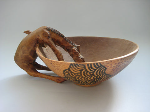 Wood Carved Bowl with a Giraffe Drinking from It