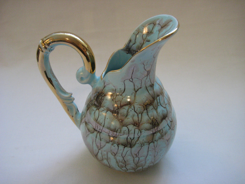 Vintage Gouda Holland Turquoise Creamer / Milk Jug with gold handle and rim
