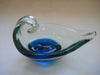 Vintage C 1965 Mdina glass Aladdin oil-lamp design bowl in shades of turquoise blue, green and clear glass.
