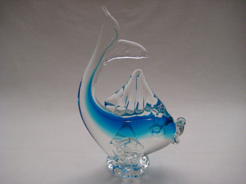 Murano style glass dolphine figurine in clear glass and translucent blue.