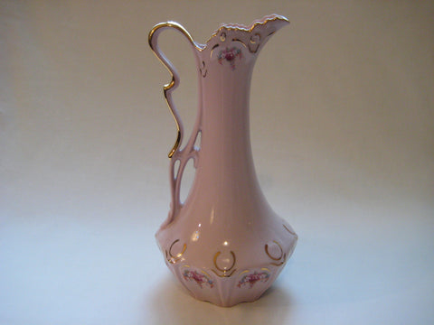 Hand painted Bohemian pink porcelain H & C jug gilded with 24 carat gold