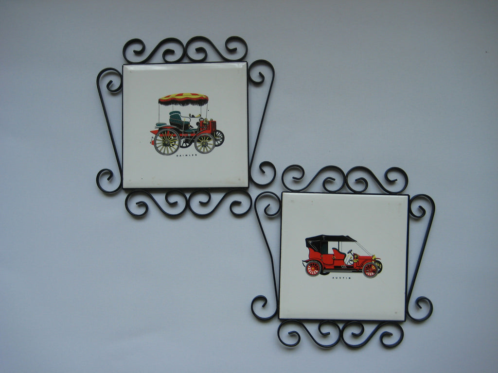 Cast iron and Ceramic Art Tiles with Classic Car Illustration